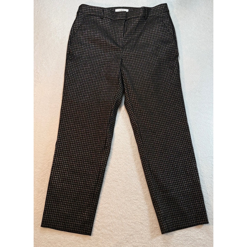 Loft Riviera Slim Curvy Pants 10 Black Gold Metallic Houndstooth Ankle Trousers